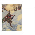 Rabbit carrying basket sliding down snow bank by Anonymous