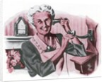 Grandmother on a crank wall telephone by Anonymous