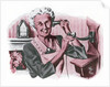 Grandmother on a crank wall telephone by Anonymous