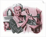 Grandmother on a crank wall telephone by Anonymous