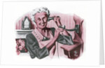 Grandmother on a crank wall telephone by Anonymous