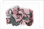 Grandmother on a crank wall telephone by Anonymous