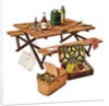 Picnic table with picnic basket and dish set by Anonymous