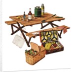 Picnic table with picnic basket and dish set by Anonymous