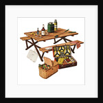 Picnic table with picnic basket and dish set by Anonymous