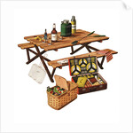 Picnic table with picnic basket and dish set by Anonymous
