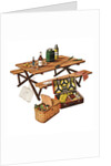 Picnic table with picnic basket and dish set by Anonymous