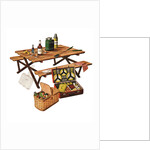 Picnic table with picnic basket and dish set by Anonymous