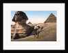 Man riding a camel in front of the Sphinx and pyramids by Anonymous