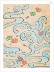 Woodblock print of stylized birds flying over water by Anonymous