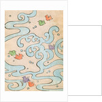 Woodblock print of stylized birds flying over water by Anonymous