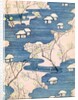 Woodblock print of country cottages with rivers and cherry blossoms by Anonymous