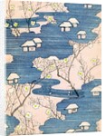 Woodblock print of country cottages with rivers and cherry blossoms by Anonymous