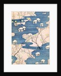 Woodblock print of country cottages with rivers and cherry blossoms by Anonymous