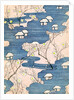 Woodblock print of country cottages with rivers and cherry blossoms by Anonymous