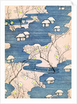 Woodblock print of country cottages with rivers and cherry blossoms by Anonymous