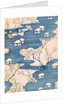 Woodblock print of country cottages with rivers and cherry blossoms by Anonymous