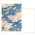 Woodblock print of country cottages with rivers and cherry blossoms by Anonymous