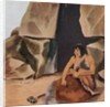 Prehistoric caveman scraping hide at his cave by Anonymous
