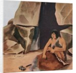 Prehistoric caveman scraping hide at his cave by Anonymous