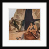 Prehistoric caveman scraping hide at his cave by Anonymous