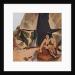 Prehistoric caveman scraping hide at his cave by Anonymous