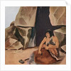Prehistoric caveman scraping hide at his cave by Anonymous
