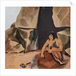Prehistoric caveman scraping hide at his cave by Anonymous
