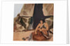 Prehistoric caveman scraping hide at his cave by Anonymous