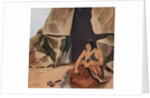 Prehistoric caveman scraping hide at his cave by Anonymous