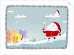 Snowman wearing santa clothes with blue winter background by Anonymous