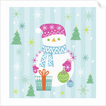 Snowman and gift with blue background by Anonymous