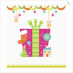 Christmas with pink gift box and decorations by Anonymous