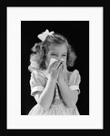 1940s little blond girl ribbon in hair holding tissue to nose sneezing by Anonymous