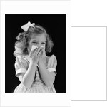 1940s little blond girl ribbon in hair holding tissue to nose sneezing by Anonymous