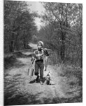 1950s boy beagle puppy walking down country road whistling carrying fishing pole pail fish by Anonymous