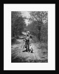 1950s boy beagle puppy walking down country road whistling carrying fishing pole pail fish by Anonymous
