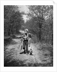 1950s boy beagle puppy walking down country road whistling carrying fishing pole pail fish by Anonymous