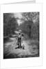 1950s boy beagle puppy walking down country road whistling carrying fishing pole pail fish by Anonymous