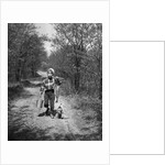 1950s boy beagle puppy walking down country road whistling carrying fishing pole pail fish by Anonymous