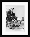 1940s man in wheelchair with cast on left leg holding crutches by Anonymous