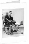 1940s man in wheelchair with cast on left leg holding crutches by Anonymous