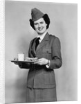 1940s army woman with lunch tray with a glass of milk and sandwich by Anonymous