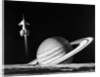 1960s space rocket flying past saturn with surface of another planet in foreground by Anonymous