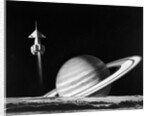 1960s space rocket flying past saturn with surface of another planet in foreground by Anonymous