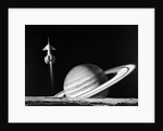 1960s space rocket flying past saturn with surface of another planet in foreground by Anonymous