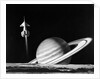 1960s space rocket flying past saturn with surface of another planet in foreground by Anonymous