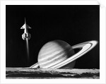 1960s space rocket flying past saturn with surface of another planet in foreground by Anonymous