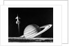 1960s space rocket flying past saturn with surface of another planet in foreground by Anonymous