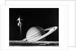 1960s space rocket flying past saturn with surface of another planet in foreground by Anonymous